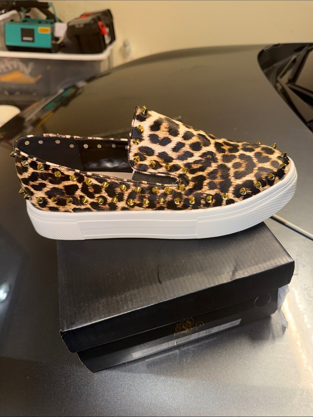 Liliana Leopard Print Slip-On Platform Mules with Gold Studs